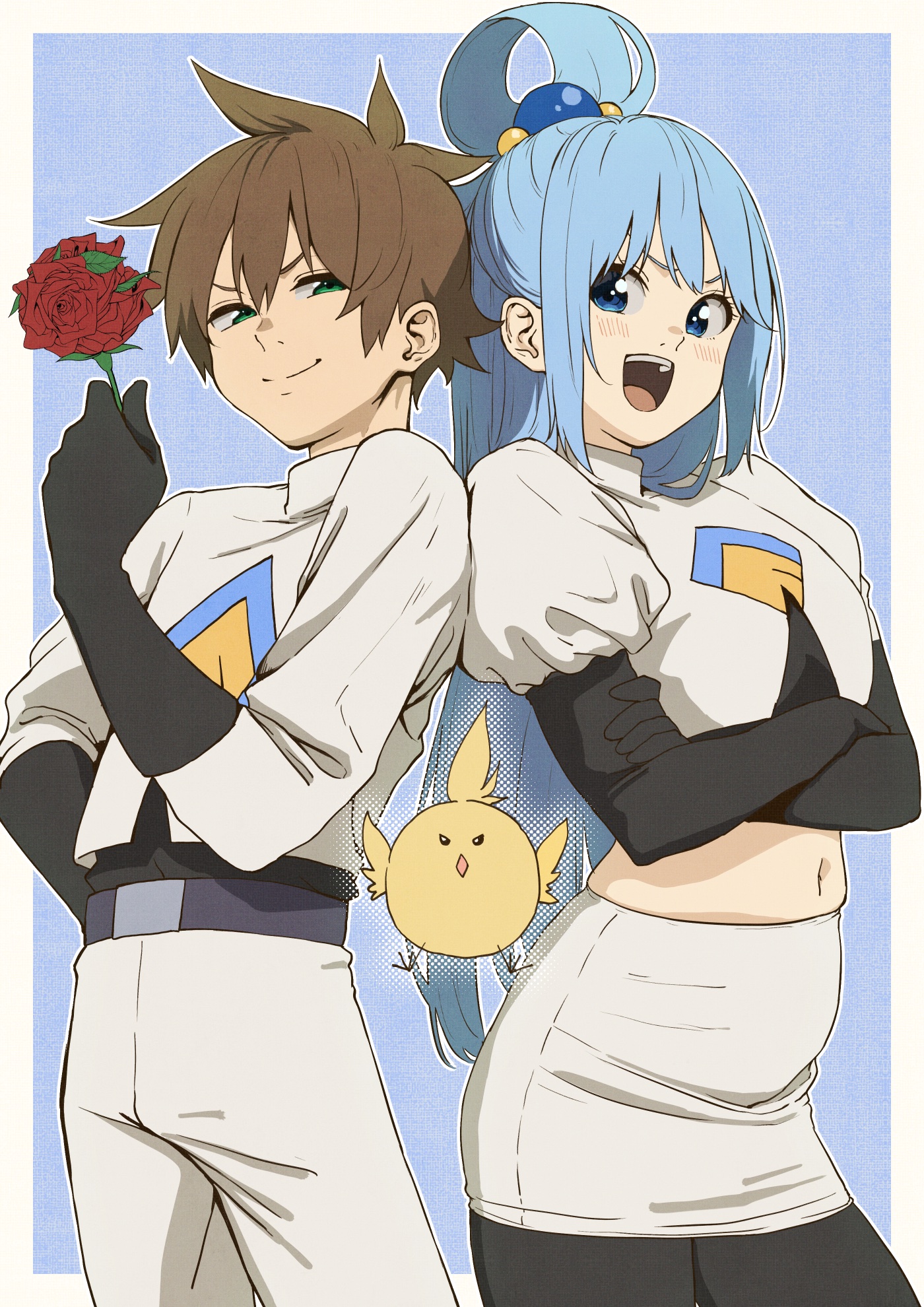 izawa (bhive003), aqua (konosuba), satou kazuma, kono subarashii sekai ni shukufuku wo!, nintendo, pokemon, highres, 1boy, 1girl, black gloves, black pantyhose, blue hair, brown hair, cosplay, crop top, flower, gloves, holding, holding flower, long hair, navel, pantyhose, red flower, red rose, rose, short hair, skindentation, skirt, smile, stomach, team rocket, team rocket uniform