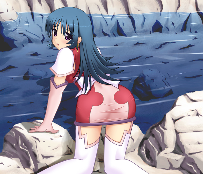 hyokkori tamago, kotona elegance, zoids, zoids genesis, 00s, 1girl, all fours, arm support, ass, bent over, blue hair, blush, boots, earrings, elbow gloves, female focus, from behind, gloves, jewelry, long hair, looking back, outdoors, pink gloves, purple eyes, rock, solo, stream, thighhighs, water, white boots