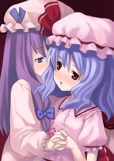 kagura mizuki, patchouli knowledge, remilia scarlet, embodiment of scarlet devil, touhou, 2girls, bat wings, blue hair, blush, bow, female focus, hat, holding hands, interlocked fingers, mob cap, multiple girls, open mouth, pajamas, pink hat, purple eyes, purple hair, red eyes, whispering, wings, yuri