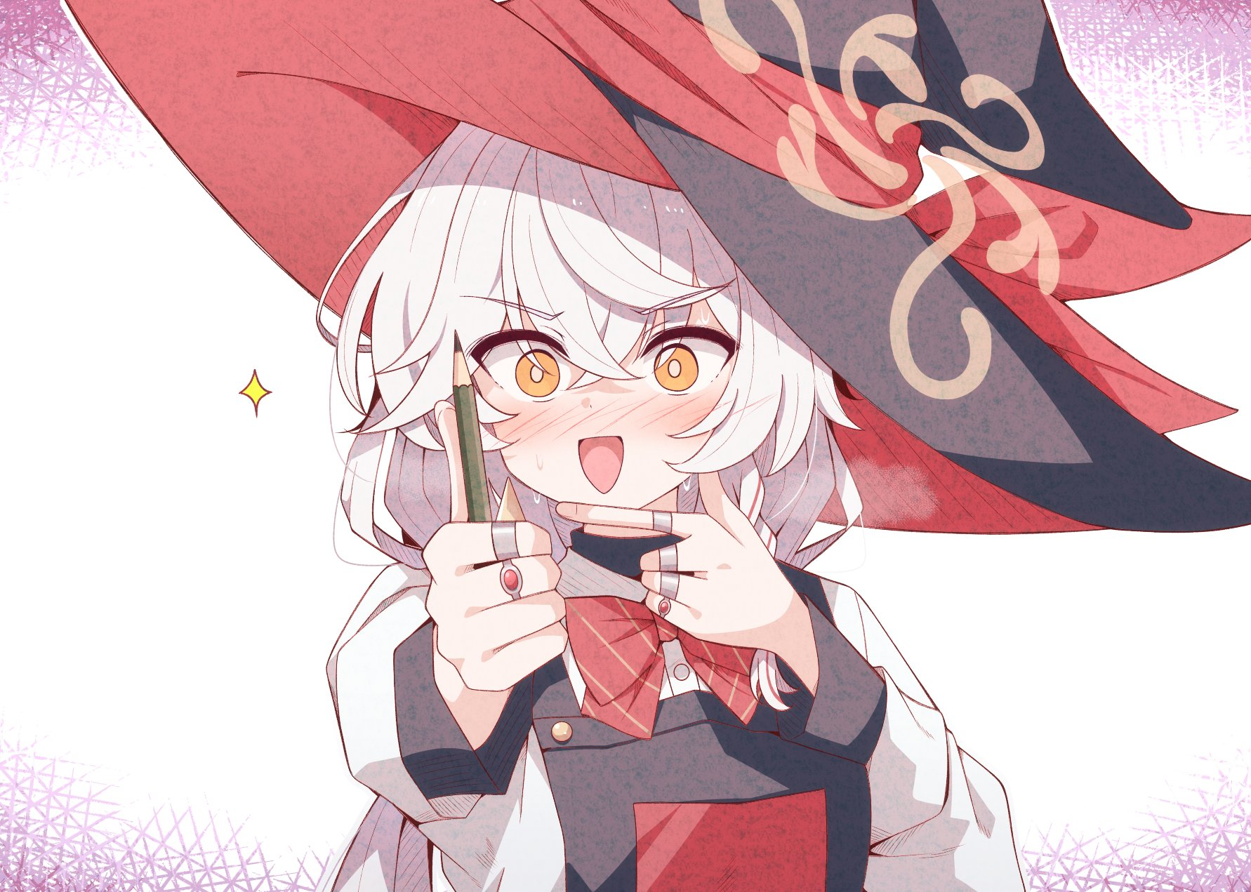 eri (blue archive), blue archive, apron, blush, bow, bowtie, braid, halo, hat, jewelry, long hair, orange eyes, pencil, ring, shirt, skirt, sparkle, sweater, white hair, witch hat