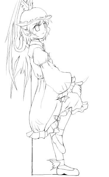 nodoka (artist), mystia lorelei, touhou, 1girl, :o, against wall, animal ears, armband, belt, blouse, demon girl, dress, female focus, flat chest, frills, full body, greyscale, hat, hugging own legs, kneehighs, leg up, lineart, lolita fashion, monochrome, open mouth, shadow, shirt, shoes, short hair, socks, solo, standing, standing on one leg, wide sleeves, wings