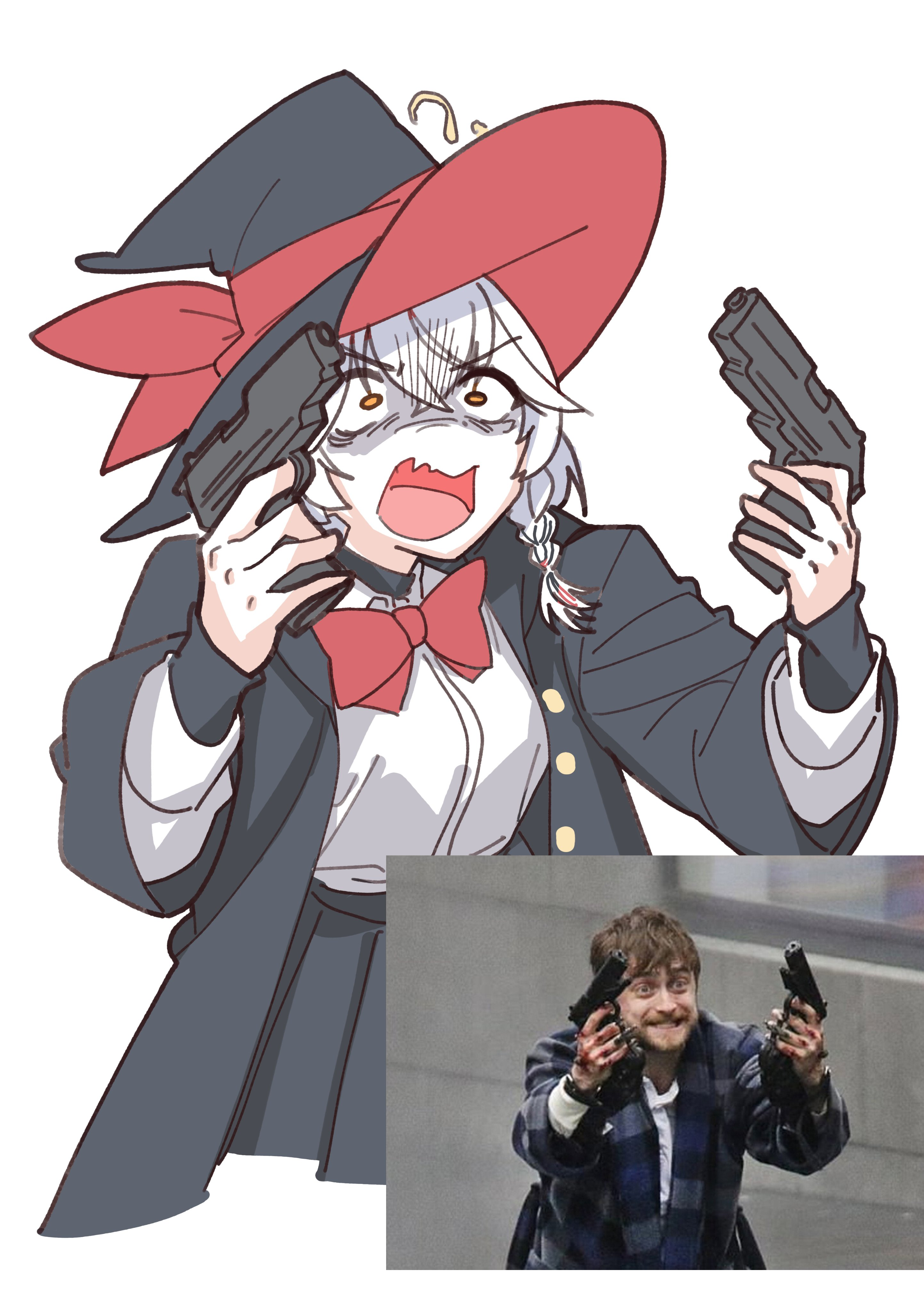 charmbird, eri (blue archive), blue archive, guns akimbo (movie), bow, bowtie, braid, dual wielding, eyeshadow, gun, halo, handgun, hat, holding, jacket, long coat, long hair, makeup, meme, orange eyes, shirt, skirt, sweater, weapon, white hair, witch hat