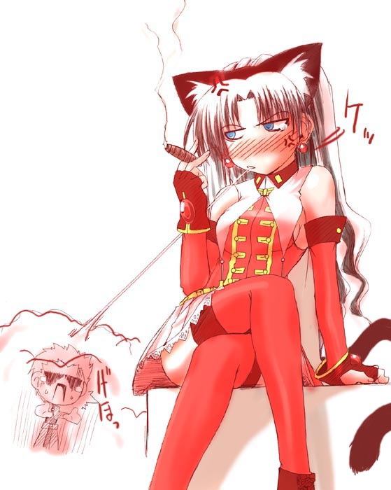 hisame genta, archer (fate), kaleido ruby, tohsaka rin, toosaka rin, fate/stay night, fate (series), 00s, 1boy, 1girl, animal ears, cat ears, cat tail, cigar, crossed legs, sitting, smoking, tail, thighhighs, two side up