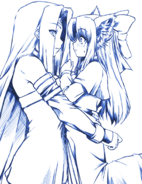 cea se, len (tsukihime), medusa (fate), medusa (rider) (fate), fate/stay night, fate (series), tsukihime, 00s, 2girls, animal ears, arms around waist, blue theme, bow, cat ears, crossover, hair bow, hug, long hair, looking at another, monochrome, multiple girls, nervous, square pupils, sweatdrop, wide-eyed