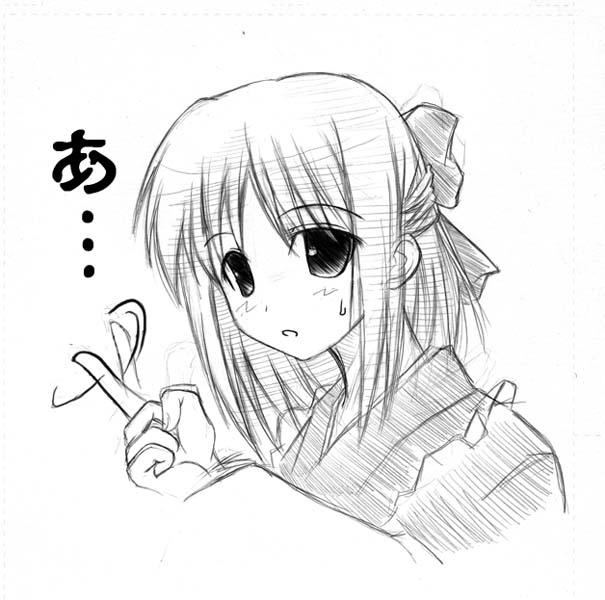 soba (saz), kohaku (tsukihime), tsukihime, traditional media, 00s, 1girl, bow, female focus, greyscale, hair bow, index finger raised, looking at viewer, monochrome, sketch, solo, sweatdrop