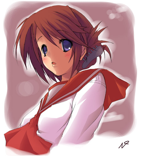 mizoguchi keiji, komaki manaka, to heart (series), to heart 2, lowres, 00s, 1girl, arms at sides, brown hair, claw hair clip, female focus, folded ponytail, grey background, hairclip, pink background, purple eyes, school uniform, serafuku, short hair, simple background, solo, split mouth, white background