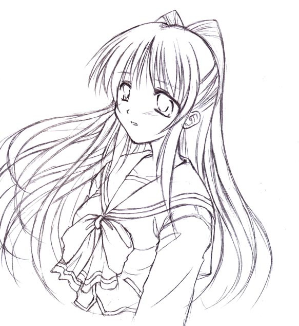 kinagi yuu, kousaka tamaki, to heart (series), to heart 2, graphite (medium), traditional media, 00s, 1girl, bow, bowtie, female focus, greyscale, long hair, monochrome, school uniform, solo, upper body