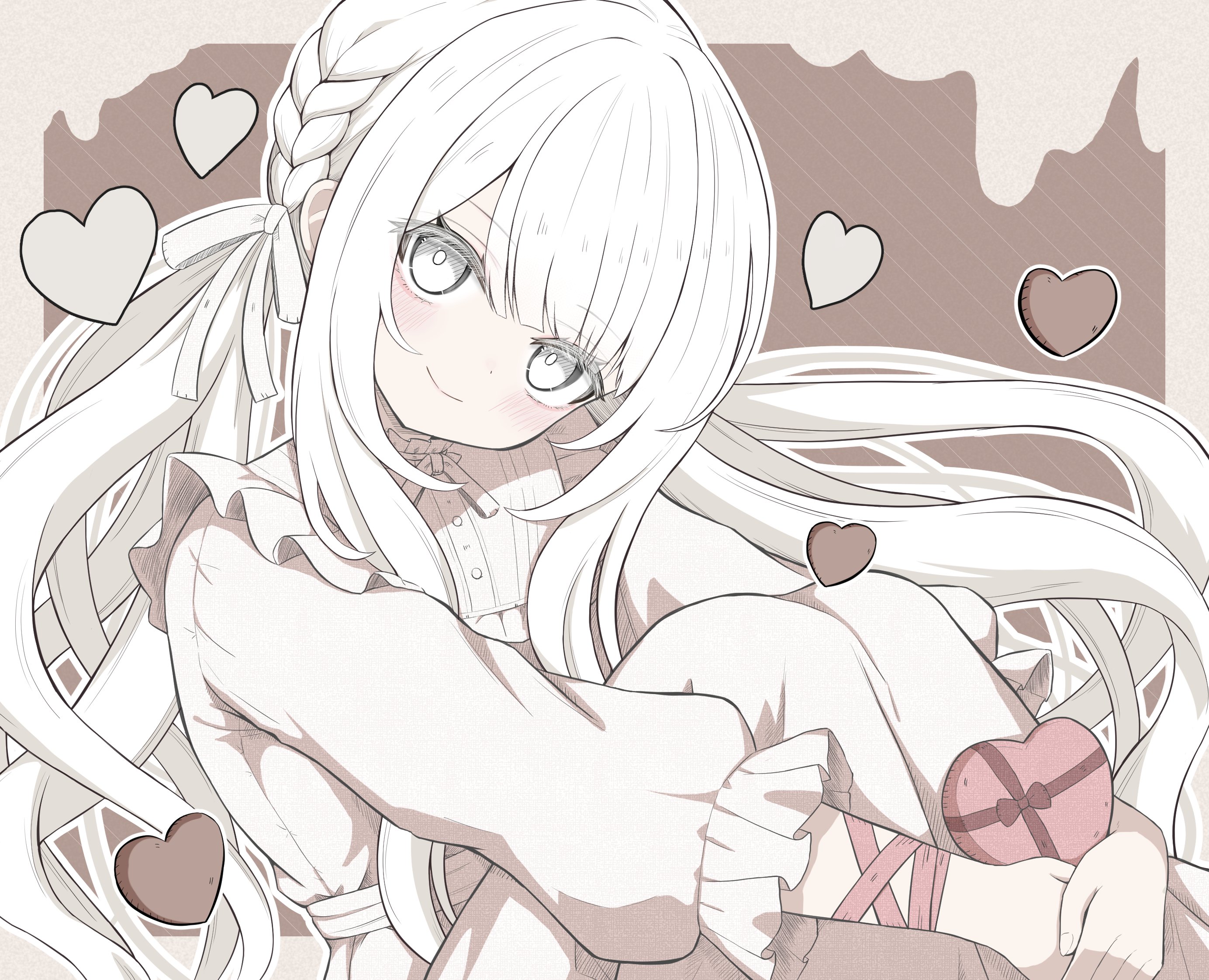 mamiro, original, highres, 1girl, braid, candy, chocolate, chocolate heart, dress, food, gift, heart, heart-shaped food, hugging own legs, long hair, looking at viewer, red ribbon, ribbon, smile, solo, twin braids, very long hair, white dress, white eyes, white hair, white theme, wrist ribbon
