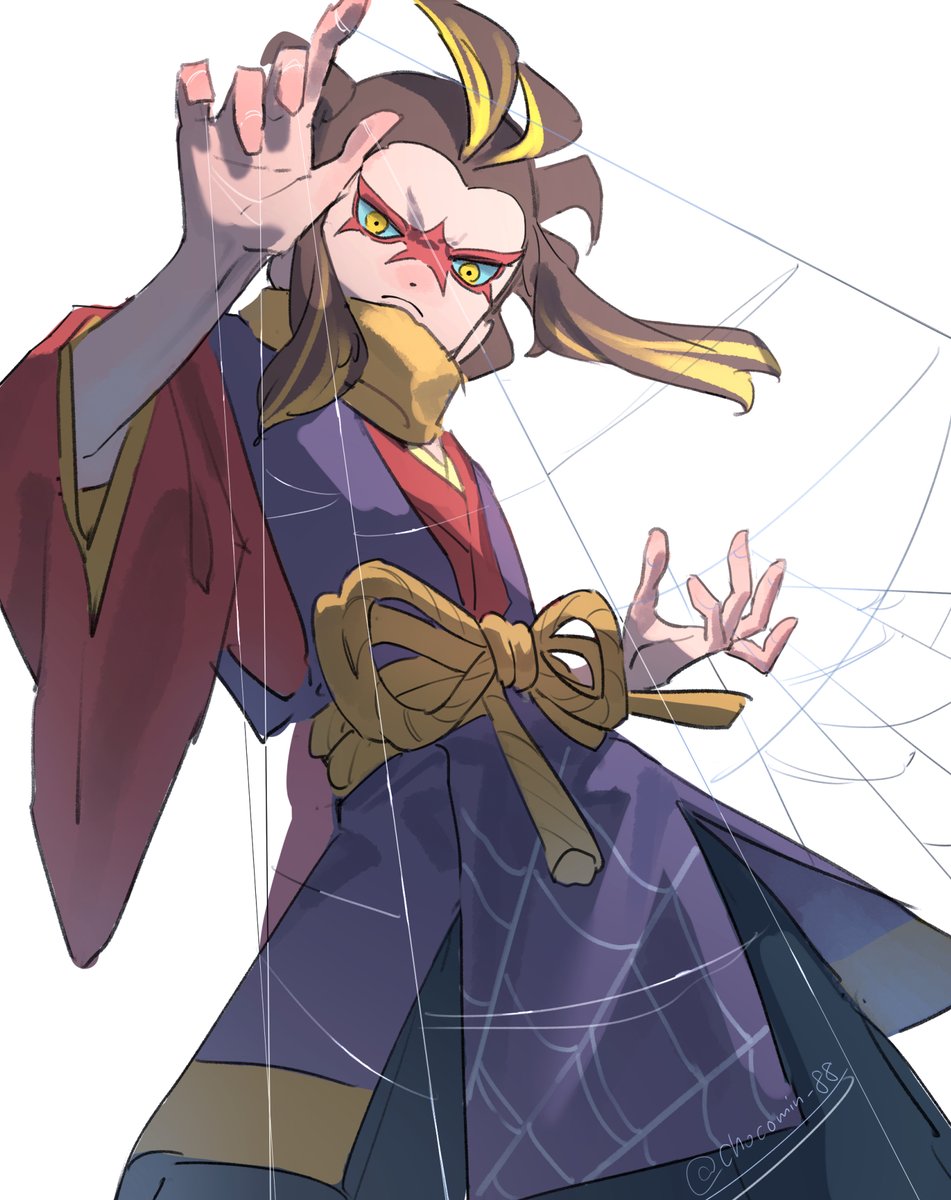 tsuchigumo (youkai watch), youkai watch, highres, 1boy, brown eyes, brown hair, chocomin 88, japanese clothes, looking at viewer, short hair, silk, simple background, solo, spider web, white background, youkai (youkai watch)