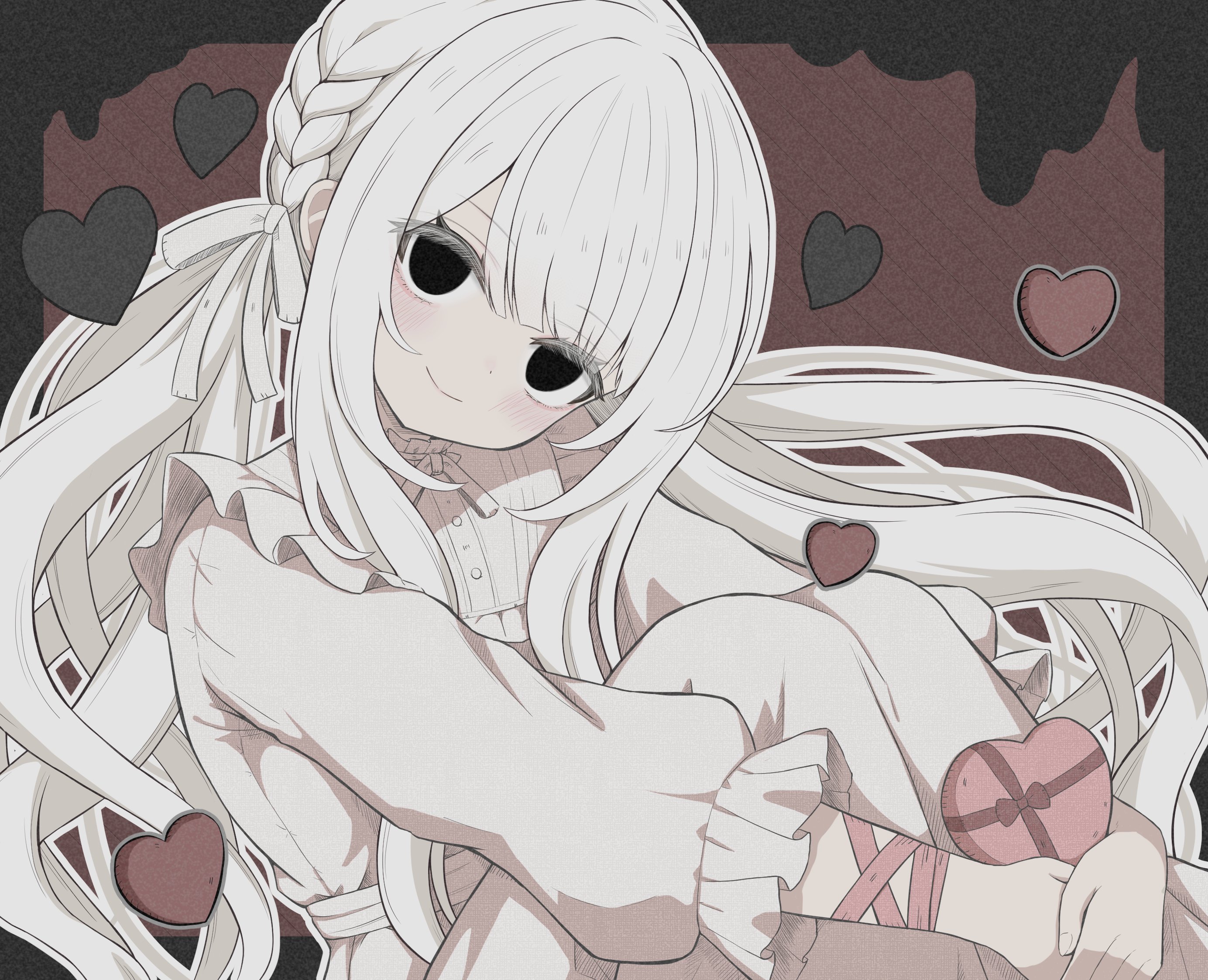 mamiro, original, highres, 1girl, black eyes, braid, candy, chocolate, chocolate heart, creepy eyes, dress, food, gift, heart, heart-shaped food, hugging own legs, long hair, looking at viewer, red ribbon, ribbon, smile, solid eyes, solo, twin braids, very long hair, white dress, white eyes, white hair, wrist ribbon