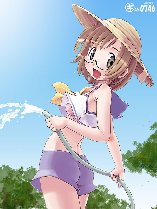 kei jiei, original, 1girl, ass, bra, breasts, brown hair, crop top, female focus, glasses, happy, hat, hose, looking at viewer, open mouth, outdoors, school uniform, serafuku, short hair, shorts, sky, sleeveless, solo, straw hat, underwear, water