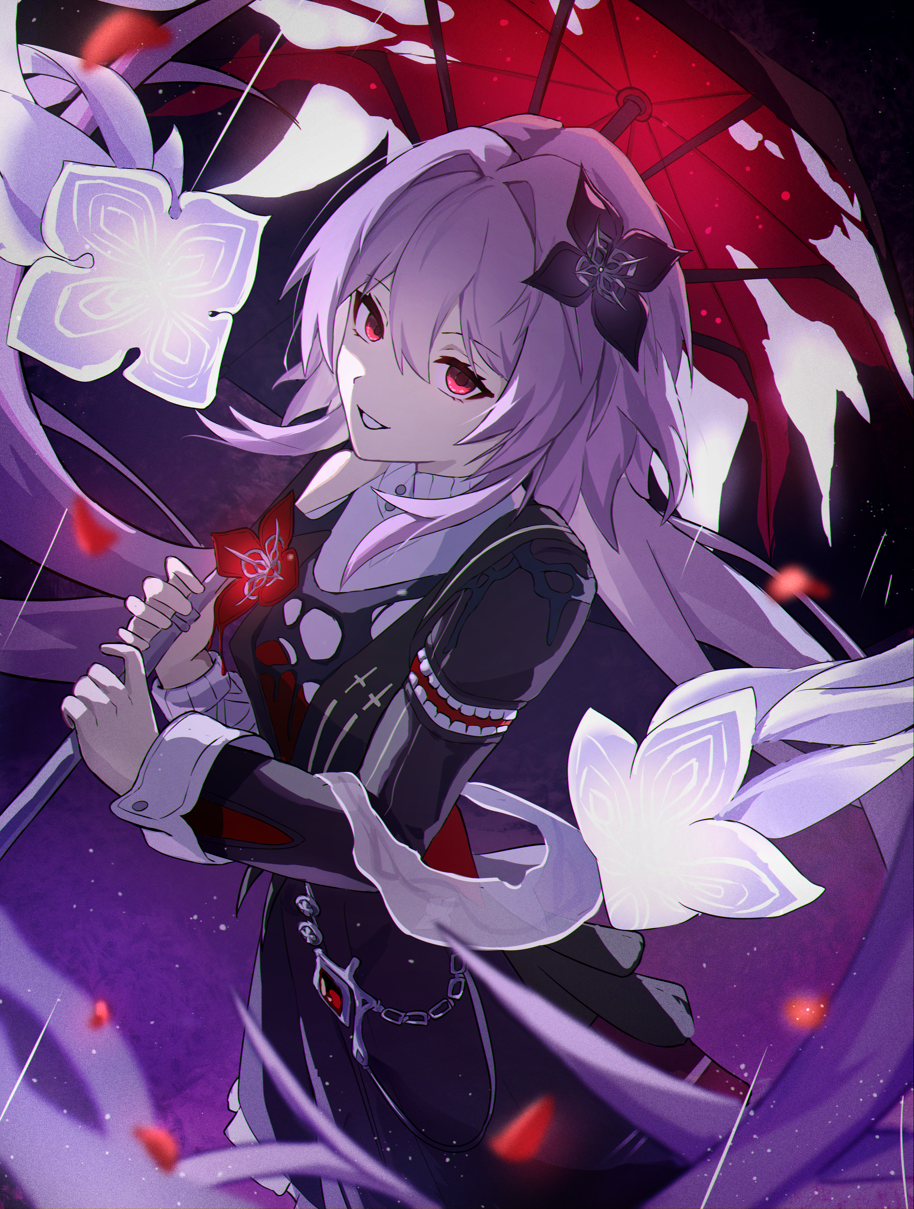 po (popopo2525x), evernight (honkai: star rail), march 7th (honkai: star rail), honkai: star rail, honkai (series), absurdres, commentary, highres, 1girl, asymmetrical dress, black dress, black flower, breasts, dress, flower, hair between eyes, hair flower, hair ornament, holding, holding umbrella, long hair, long sleeves, looking at viewer, medium breasts, no gloves, parted lips, pink hair, red eyes, red umbrella, single bare shoulder, smile, solo, umbrella, very long hair, white wrist cuffs, wrist cuffs