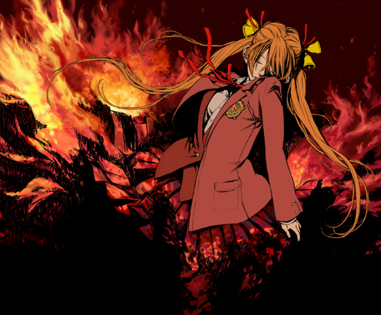 tomohi, kagurazaka asuna, mahou sensei negima!, 00s, 1girl, bell, bow, female focus, fire, orange hair, school uniform, skirt, solo, twintails