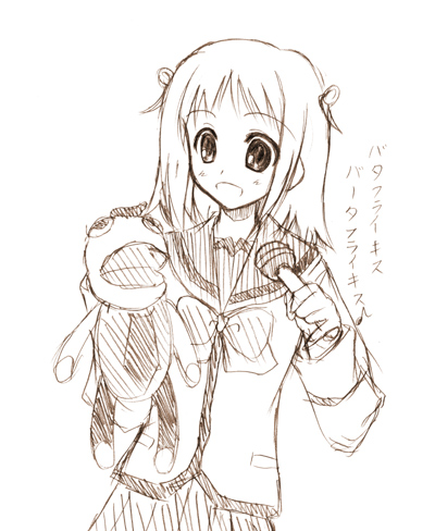 momiji mao, pucchan, randou rino, gokujou seitokai, lowres, 00s, 1girl, brown theme, female focus, microphone, monochrome, music, puppet, school uniform, singing, solo