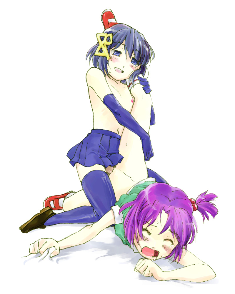 98-tan, 98se-tan, os-tan, artist request, 1futa, 1girl, blue thighhighs, bob cut, bottomless, doggystyle, elbow gloves, futa with female, futanari, gloves, hair bobbles, hair ornament, loli, lying, multiple girls, nipples, no testicles, oekaki, on side, one side up, penis, sex, sex from behind, side ponytail, skirt, sweat, thighhighs, topless female, uncensored, vaginal
