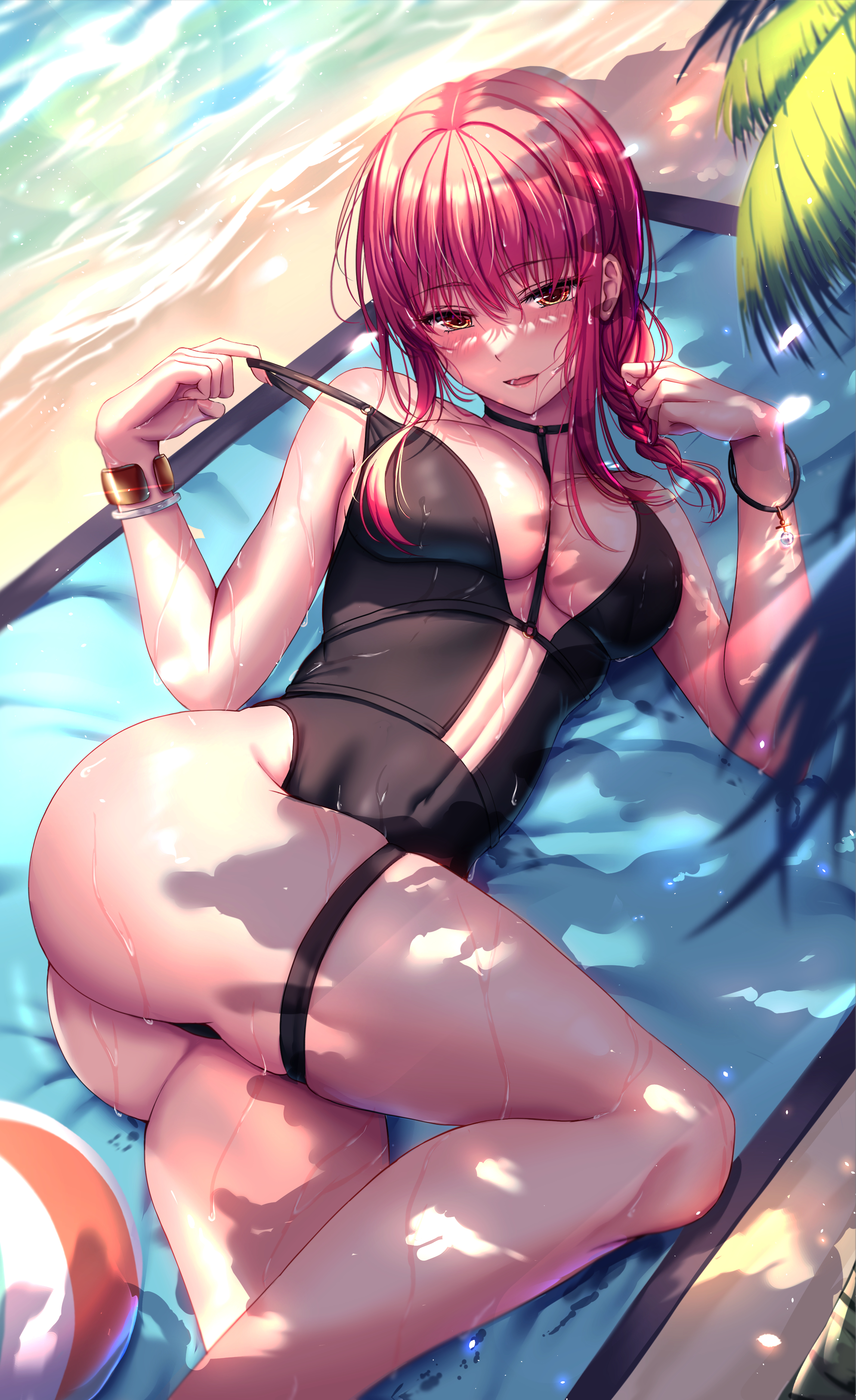 kimchi (user mpzz8457), makima (chainsaw man), chainsaw man, absurdres, highres, 1girl, ass, ball, bare arms, bare legs, bare shoulders, beachball, black one-piece swimsuit, blush, breasts, cleavage, hair between eyes, large breasts, long braid, long hair, looking at viewer, lying, on side, one-piece swimsuit, open mouth, red hair, solo, swimsuit, thigh strap, yellow eyes