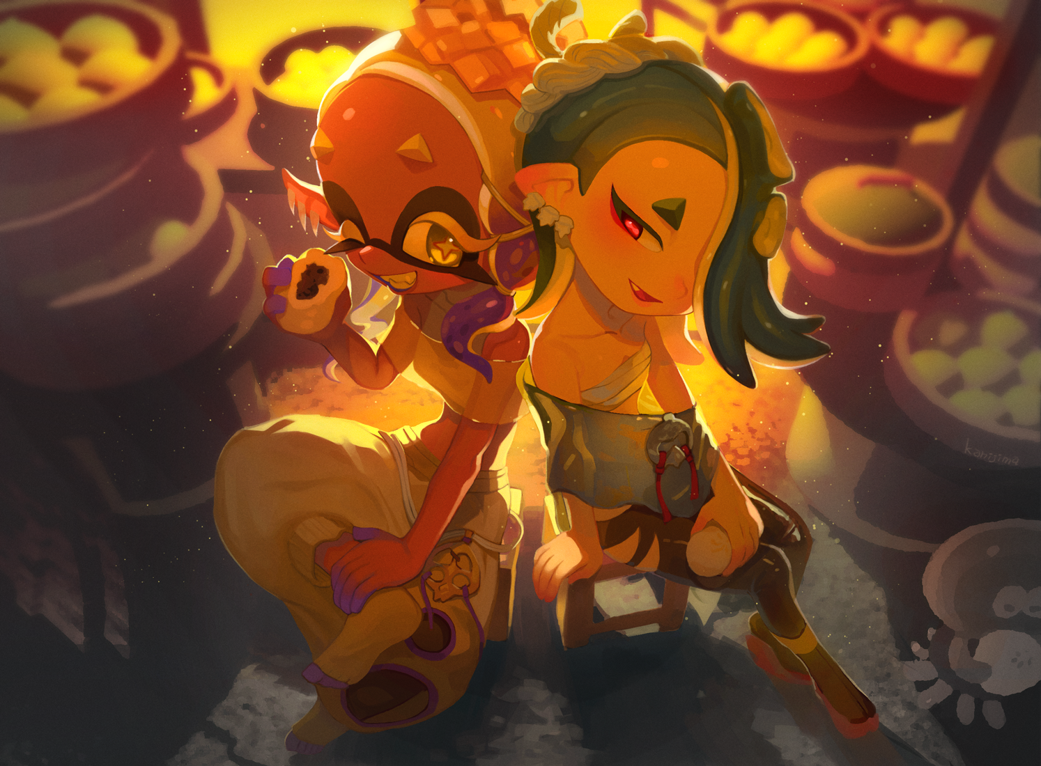 kanishima (mouse 06648), frye (splatoon), jellyfish (splatoon), shiver (splatoon), nintendo, splatoon (series), splatoon 3, toeless socks, commentary request, 2girls, bare arms, bare shoulders, black leggings, blonde hair, blue hair, blue shawl, breasts, cephalopod eyes, chest sarashi, colored extremities, colored eyelashes, crop top, cross-shaped pupils, dark-skinned female, dark skin, earrings, eating, fangs, food, forehead, full body, gradient hair, grin, hair ornament, hair over one eye, harem pants, holding, holding food, inkling, jewelry, leggings, light particles, long eyelashes, long pointy ears, medium hair, midriff, multicolored hair, multiple earrings, multiple girls, octoling, one eye closed, one eye covered, open mouth, pants, parted bangs, pointy ears, purple hair, red eyes, sarashi, see-through clothes, see-through shawl, shawl, shirt, sitting, small breasts, smile, socks, steamed bun, symbol-shaped pupils, tentacle hair, tooth earrings, torn clothes, torn leggings, turtleneck, turtleneck shirt, white pants, white socks, x hair ornament, yellow eyes, yellow shawl, yellow shirt