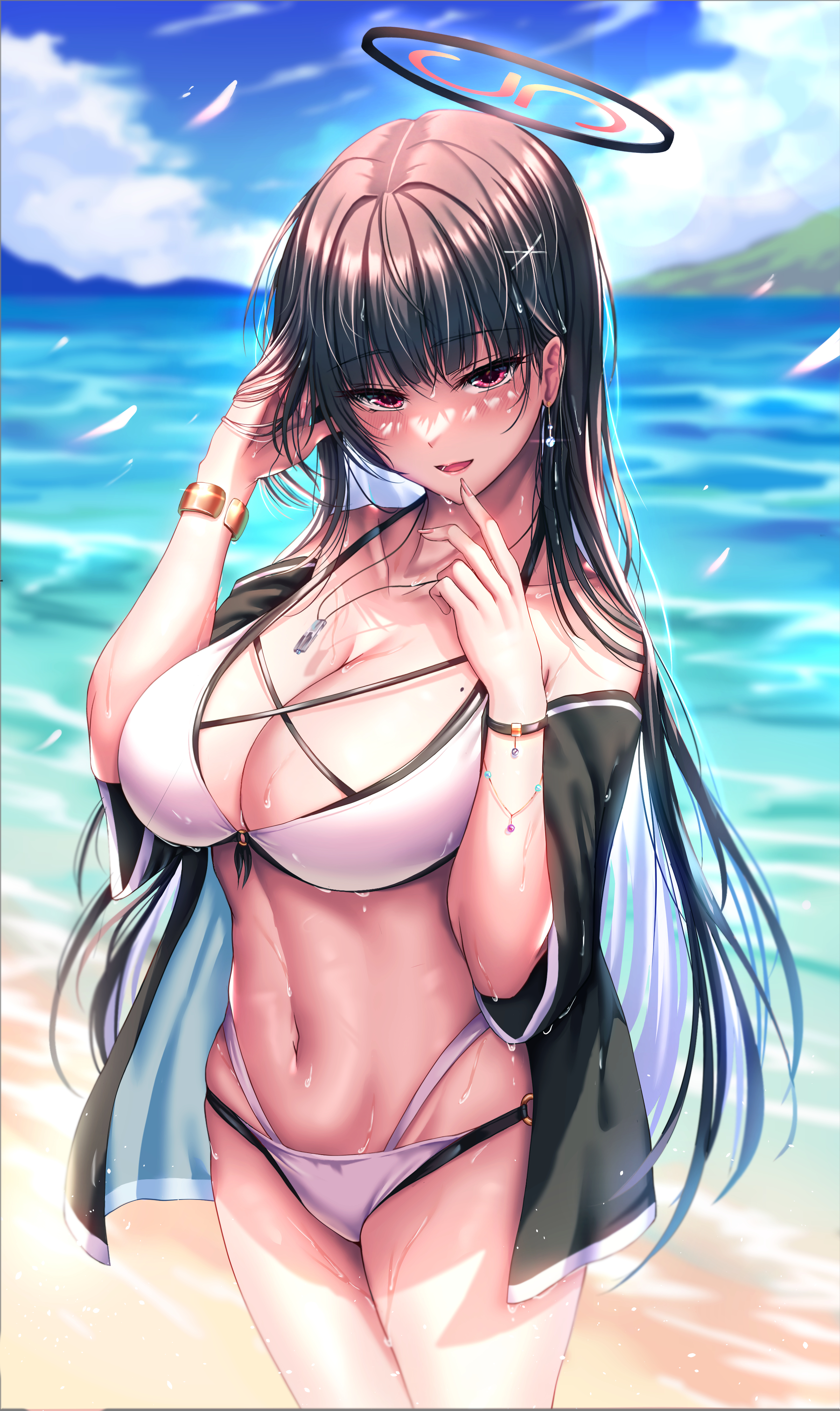kimchi (user mpzz8457), rio (blue archive), blue archive, absurdres, highres, 1girl, alternate costume, bare shoulders, bikini, black hair, black jacket, bracelet, breasts, cleavage, gold bracelet, halo, hand in own hair, jacket, jewelry, long hair, looking at viewer, navel, ocean, open mouth, red eyes, red halo, solo, stomach, swimsuit, whistle, whistle around neck, white bikini