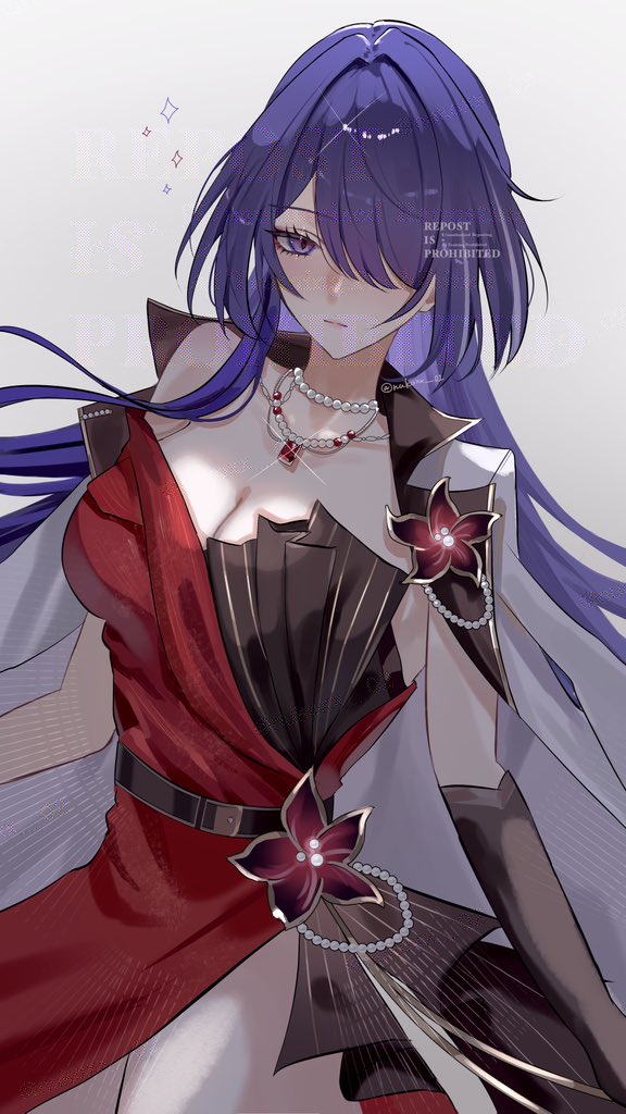 nukoxx 02, acheron (honkai: star rail), acheron (star rail live 2025) (honkai: star rail), honkai: star rail, honkai (series), 1girl, black gloves, breasts, cleavage, dress, elbow gloves, gloves, grey background, jewelry, large breasts, long hair, necklace, official alternate costume, pearl necklace, purple eyes, purple hair, red dress, simple background, single glove, solo, thighs, very long hair