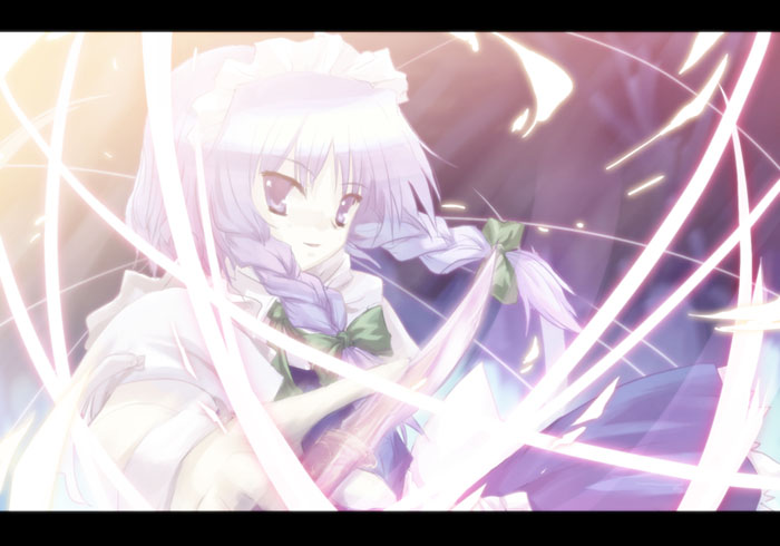 tokiame, izayoi sakuya, touhou, silver hair, 1girl, blue skirt, bow, braid, close-up, dress, female focus, green bow, grey eyes, hair bow, knife, letterboxed, long sleeves, looking at viewer, maid, maid headdress, short hair, skirt, slashing, smile, solo, throwing knife, tsurime, twin braids, weapon