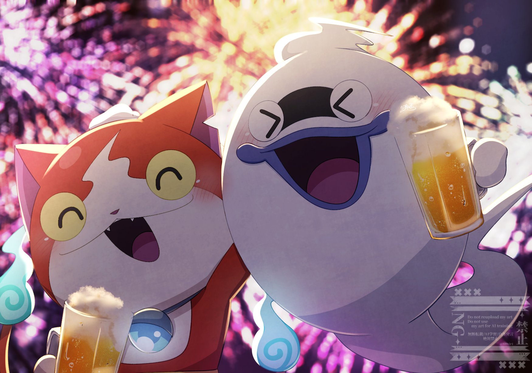 109vir, jibanyan, whisper (youkai watch), youkai watch, highres, beer mug, blue fire, blush, closed eyes, cup, english text, fire, fireworks, flame-tipped tail, ghost, hitodama, holding, holding cup, mug, multiple tails, no humans, open mouth, red fur, tail, two-tone fur, two tails, watermark, white fur, youkai (youkai watch)