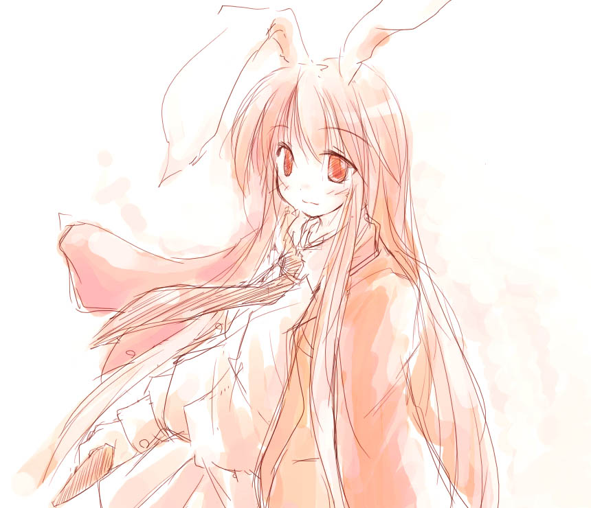 reisen udongein inaba, touhou, 1girl, animal ears, blush, female focus, long hair, orange theme, rabbit ears, sketch, smile, solo, very long hair