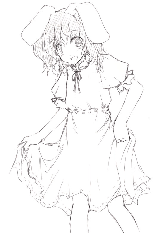 inaba tewi, touhou, 1girl, animal ears, clothes lift, dress, dress lift, female focus, greyscale, monochrome, neck ribbon, open mouth, rabbit ears, ribbon, short hair, sketch, skirt hold, solo