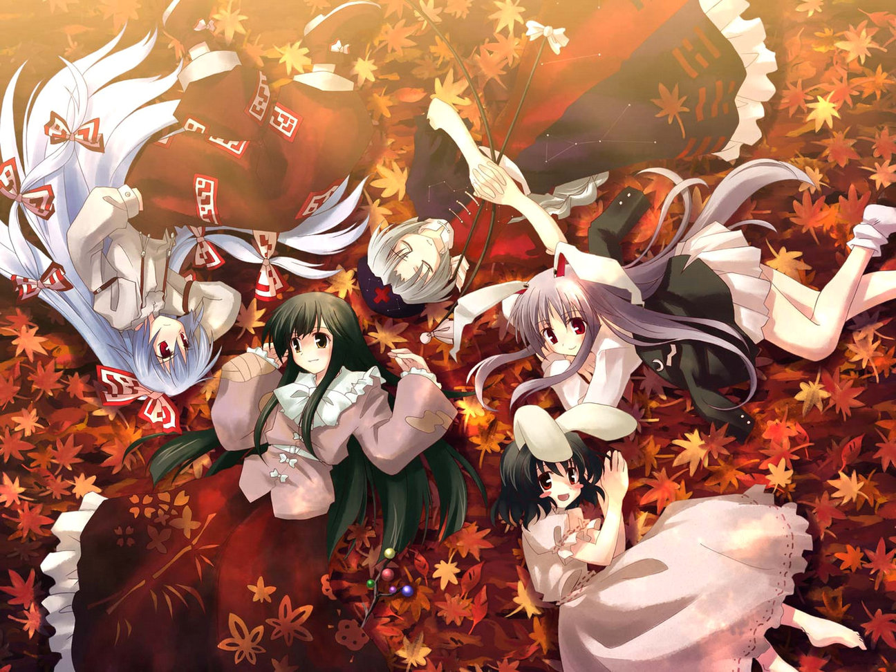 yuuki tatsuya, fujiwara no mokou, houraisan kaguya, inaba tewi, reisen udongein inaba, yagokoro eirin, touhou, silver hair, 5girls, 6+girls, animal ears, arrow (projectile), autumn, barefoot, black hair, blush, bow, bow (weapon), branch, brown eyes, closed eyes, dress, everyone, female focus, hair bow, hand in pocket, hat, jeweled branch of hourai, leaf, long hair, lying, multiple girls, pants, purple hair, rabbit ears, red eyes, short hair, smile, suspenders, very long hair, weapon