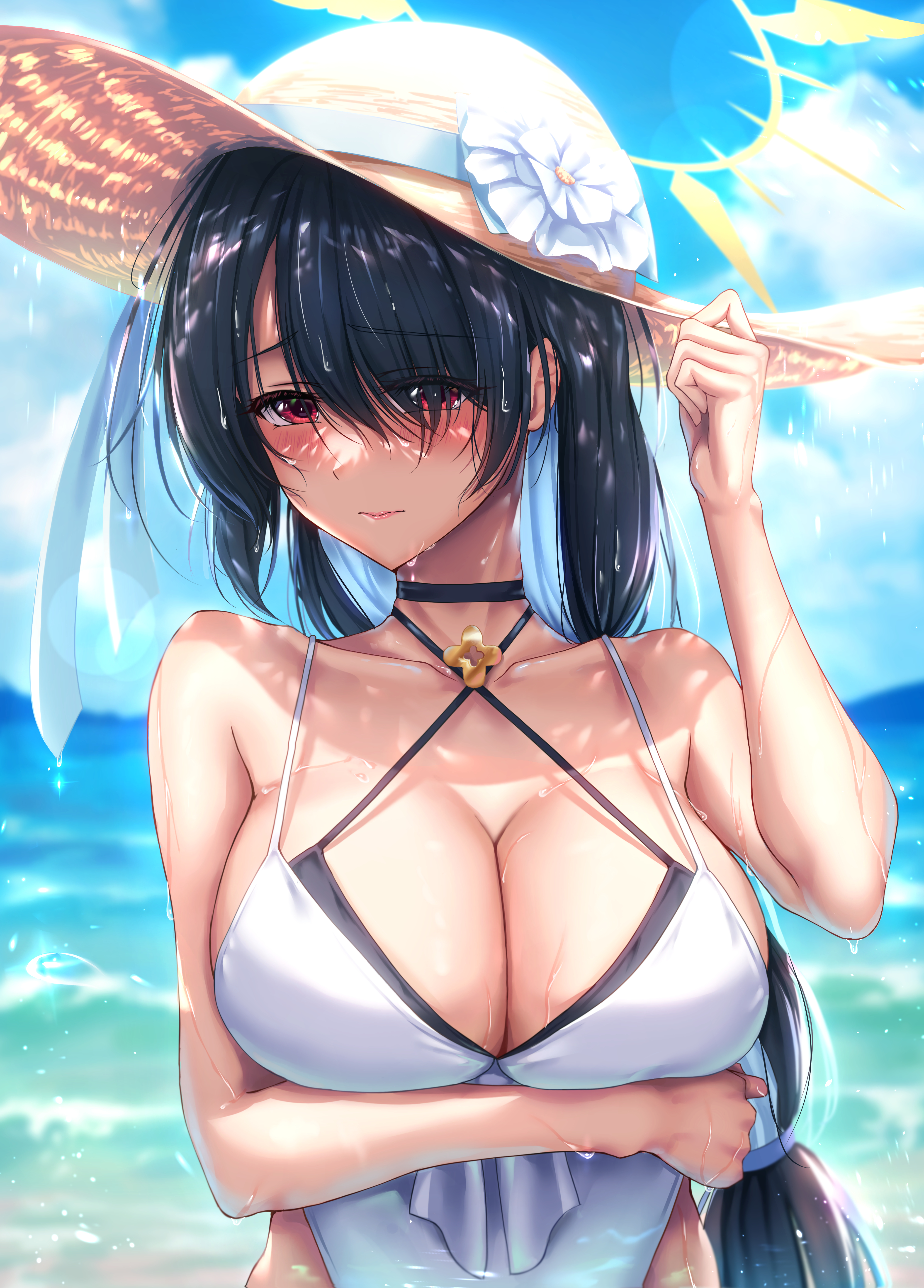 kimchi (user mpzz8457), hinata (blue archive), hinata (swimsuit) (blue archive), blue archive, absurdres, highres, 1girl, arm under breasts, bare arms, bare shoulders, black hair, blush, breasts, brown hat, cleavage, closed mouth, embarrassed, hair over one eye, halo, hat, large breasts, long hair, looking at viewer, multi-tied hair, official alternate costume, official alternate hairstyle, one-piece swimsuit, red eyes, sidelocks, solo, sun hat, swimsuit, white one-piece swimsuit, yellow halo