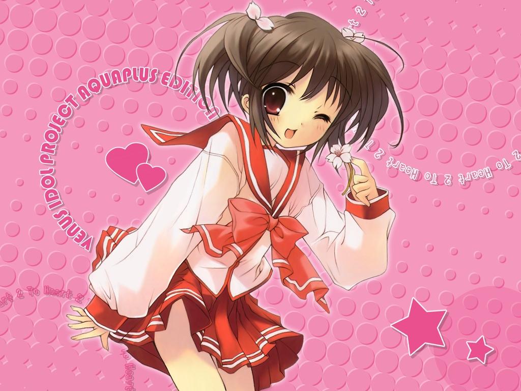 ito noizi, yuzuhara konomi, to heart (series), to heart 2, 00s, 1girl, brown hair, copyright name, female focus, flower, hair ornament, heart, one eye closed, open mouth, pink background, red eyes, school uniform, serafuku, short hair, skirt, solo, star (symbol), twintails, wink