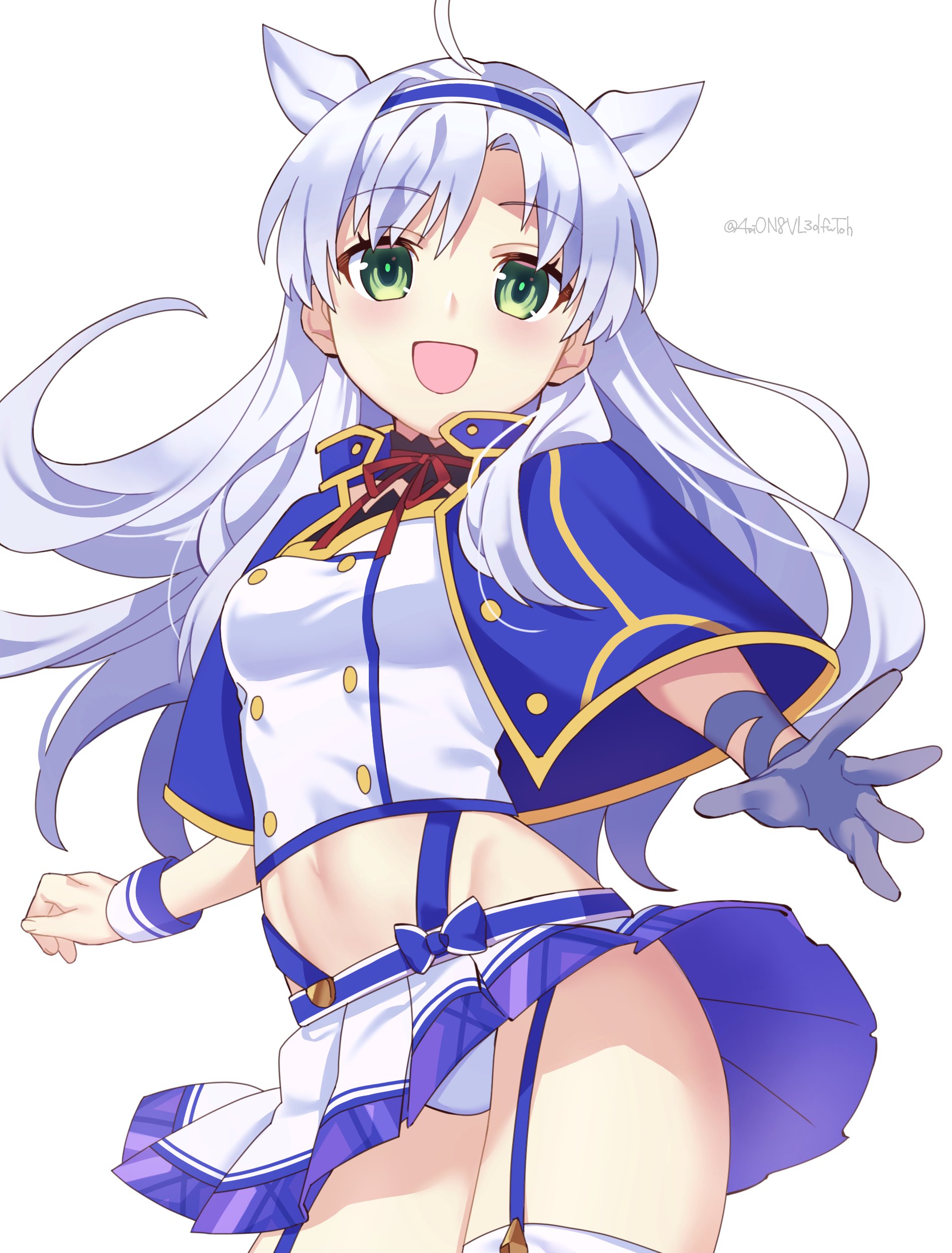 4rion, sistine fibel, rokudenashi majutsu koushi to akashic record, absurdres, commentary request, highres, 1girl, alzano school uniform, artist name, blue capelet, blue hairband, blue trim, breasts, buttons, capelet, cowboy shot, crop top, double-breasted, gloves, green eyes, grey gloves, hairband, long hair, looking at viewer, midriff, navel, neck ribbon, open mouth, panties, pantyshot, red ribbon, ribbon, school uniform, shirt, simple background, single glove, skirt, small breasts, smile, solo, underwear, white background, white hair, white panties, white shirt, white skirt, white wrist cuffs, wrist cuffs