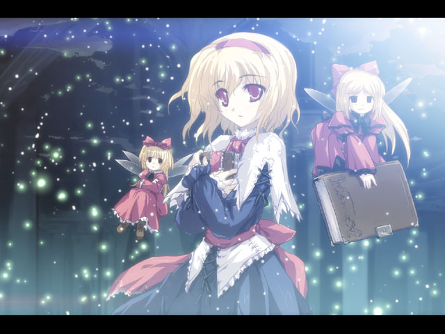 tokiame, alice margatroid, hourai doll, shanghai doll, touhou, light, md5 mismatch, resized, 1girl, blonde hair, book, bow, doll, fantasy, female focus, glowing, green theme, hair bow, hairband, letterboxed, outdoors, red eyes, snow, snowing, solo, standing, wings