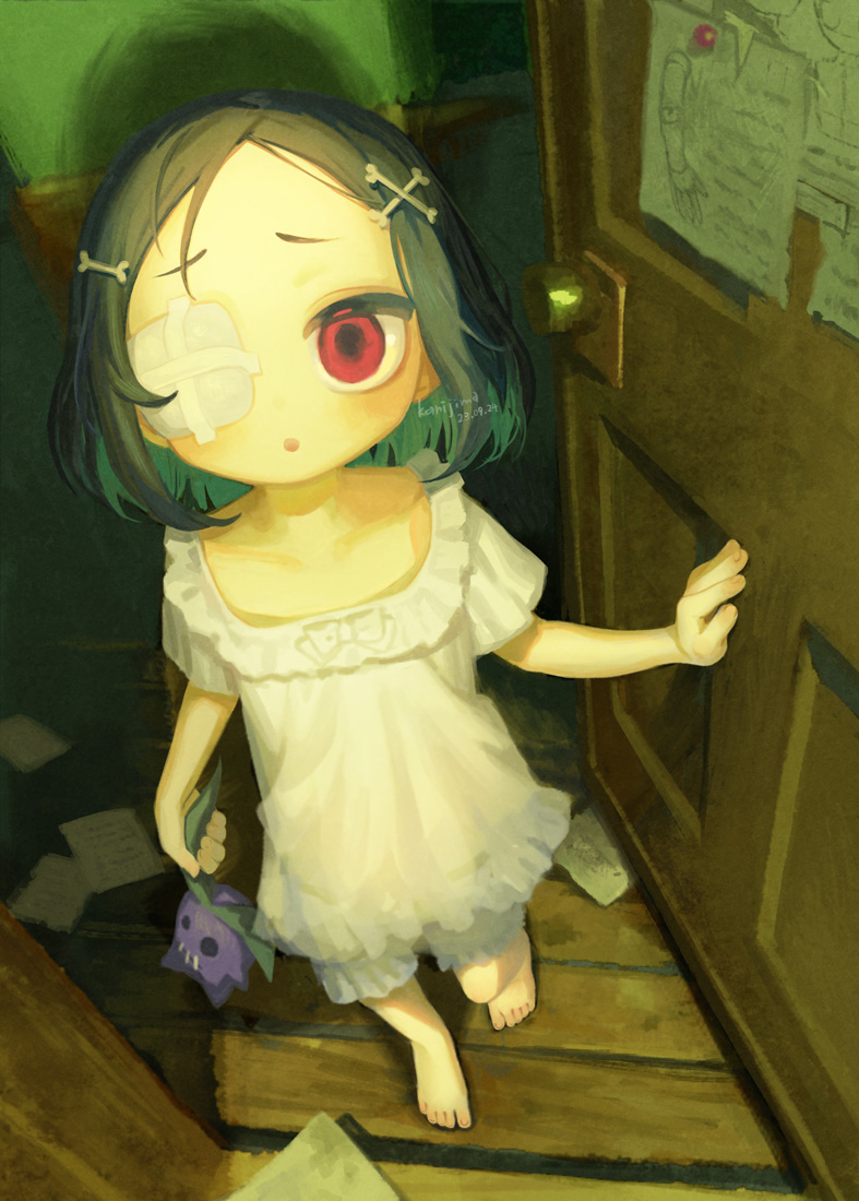 kanishima (mouse 06648), original, commentary request, 1girl, :o, barefoot, bloomers, bone hair ornament, creature, doorway, dress, eyepatch, furrowed brow, green hair, hair ornament, holding, holding creature, looking at viewer, medical eyepatch, medium hair, one eye covered, open door, open mouth, pov doorway, red eyes, short sleeves, solo, underwear, white bloomers, white dress