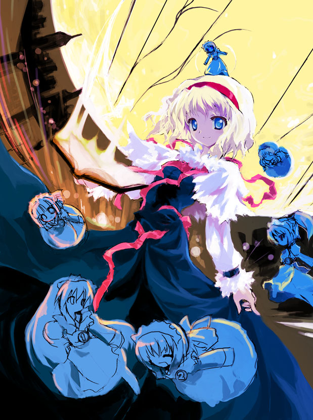alice margatroid, hourai doll, shanghai doll, touhou, 1girl, blonde hair, blue eyes, capelet, doll, female focus, flying, hairband, looking at viewer, moon, object on head, ribbon, smile, solo