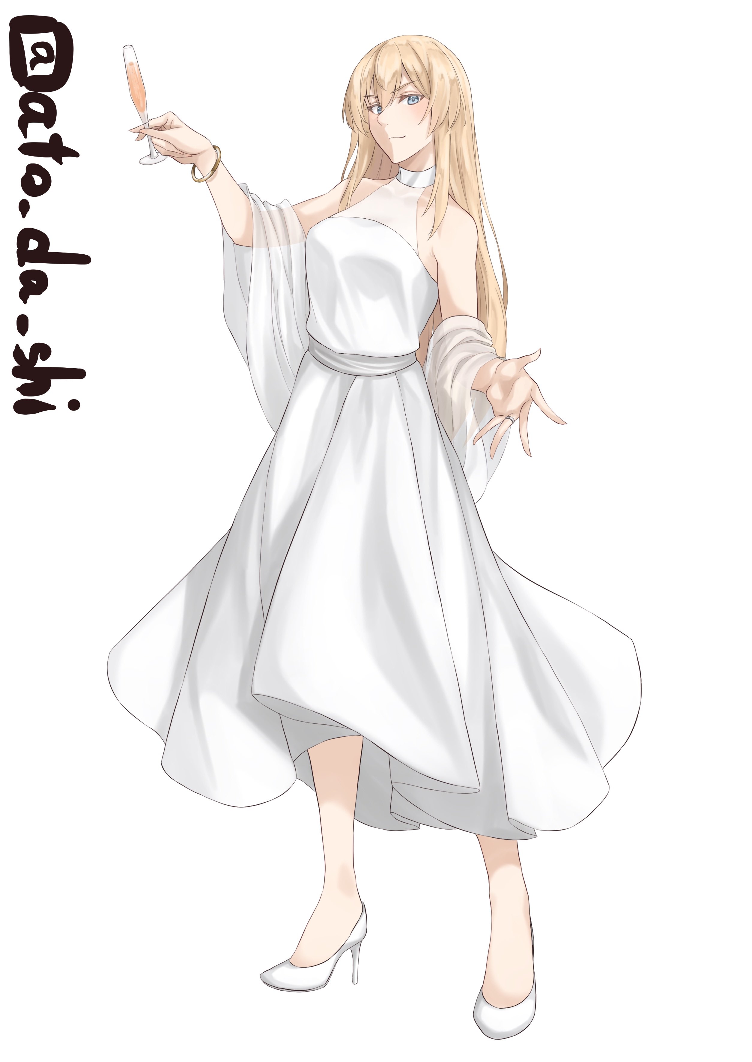 atodashi, bismarck (kancolle), kantai collection, absurdres, highres, 1girl, alcohol, alternate costume, blonde hair, blue eyes, bracelet, breasts, cup, dress, drinking glass, full body, high heels, holding, jewelry, long hair, looking at viewer, medium breasts, solo, standing, twitter username, white dress, wine, wine glass