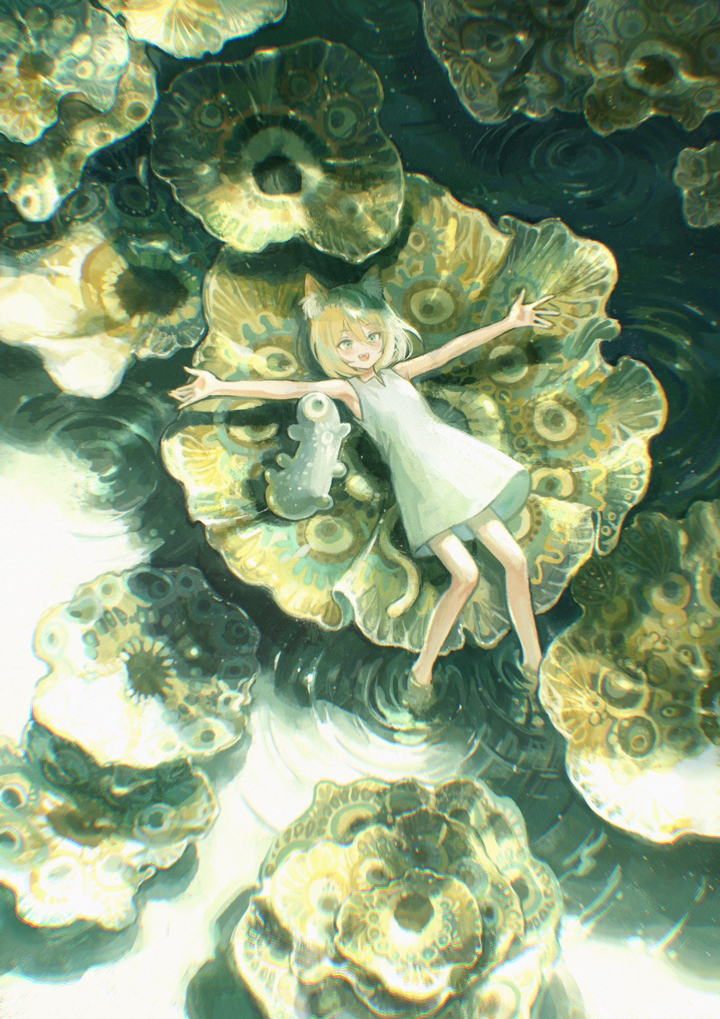 popepopo999, original, highres, 1girl, :d, animal ears, aqua eyes, bare arms, bare legs, bare shoulders, barefoot, blonde hair, cat ears, cat girl, cat tail, creature, dress, from above, hair between eyes, happy, light particles, lying, medium hair, on back, open mouth, outstretched arms, ripples, sleeveless, sleeveless dress, smile, soaking feet, solo, spread arms, tail, teeth, upper teeth only, white dress