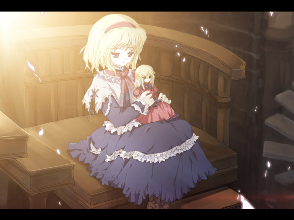 tokiame, alice margatroid, hourai doll, touhou, md5 mismatch, resolution mismatch, source smaller, 1girl, aged down, armchair, blonde hair, blue dress, boots, bow, capelet, chair, doll, dress, female focus, frills, hair bow, hairband, indoors, lace-up boots, lens flare, letterboxed, necktie, on chair, red dress, red eyes, sitting, solo, sunlight