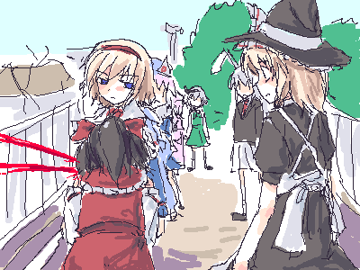 alice margatroid, hakurei reimu, kirisame marisa, konpaku youmu, reisen udongein inaba, saigyouji yuyuko, school days, touhou, artist request, lowres, 6+girls, animal ears, blonde hair, blood, blue eyes, crossover, day, death, hairband, hat, multiple girls, murder, outdoors, parody, rabbit ears, witch hat