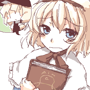 alice margatroid, kirisame marisa, touhou, lowres, 2girls, blonde hair, blue eyes, book, bow, bowtie, capelet, female focus, frown, hair ribbon, hairband, hat, holding, holding book, hugging book, hugging object, multiple girls, oekaki, ribbon, simple background, upper body, white background, witch hat