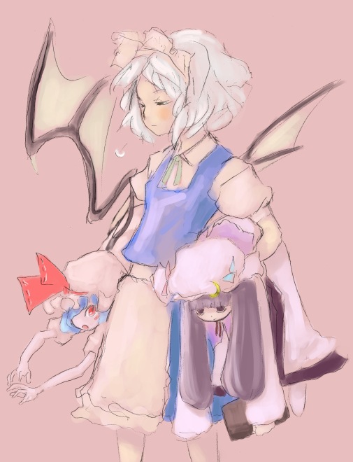 izayoi sakuya, patchouli knowledge, remilia scarlet, touhou, 3girls, bat wings, blue hair, carrying, carrying under arm, female focus, hat, holding, maid, mob cap, multiple girls, purple eyes, purple hair, red eyes, white hair, wings