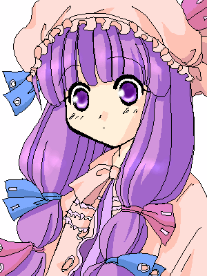 patchouli knowledge, touhou, lowres, 1girl, bow, female focus, hair bow, hat, long hair, low-tied long hair, mob cap, oekaki, pink hat, purple eyes, purple hair, solo, upper body