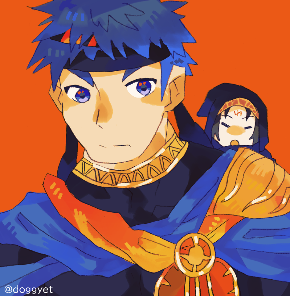 doggyet, ike (fire emblem), ike (jehanna) (fire emblem), soren (fire emblem), soren (khadein) (fire emblem), fire emblem, fire emblem: path of radiance, fire emblem: radiant dawn, fire emblem heroes, nintendo, commentary request, 2boys, blue eyes, blue hair, facial mark, forehead mark, hood, hood up, male focus, multiple boys, official alternate costume, orange background, short hair, simple background, twitter username