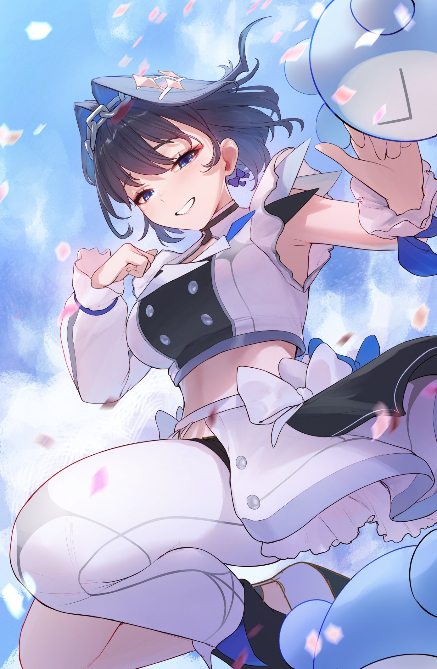 padoruu, kronie (ouro kronii), ouro kronii, hololive, hololive english, commentary, english commentary, highres, 1girl, asymmetrical sleeves, blue eyes, blue hair, blue sky, bow, breasts, buttons, chain, chain headband, cloud, crop top, cropped jacket, double-breasted, falling petals, fanged bangs, grin, hair intakes, half-skirt, hololive idol uniform (bright), idol clothes, jacket, large breasts, looking at viewer, midriff, official alternate costume, outdoors, pantyhose, petals, short hair, single leg pantyhose, skirt, sky, smile, solo, uneven sleeves, virtual youtuber, waist bow, white jacket, white pantyhose, white skirt