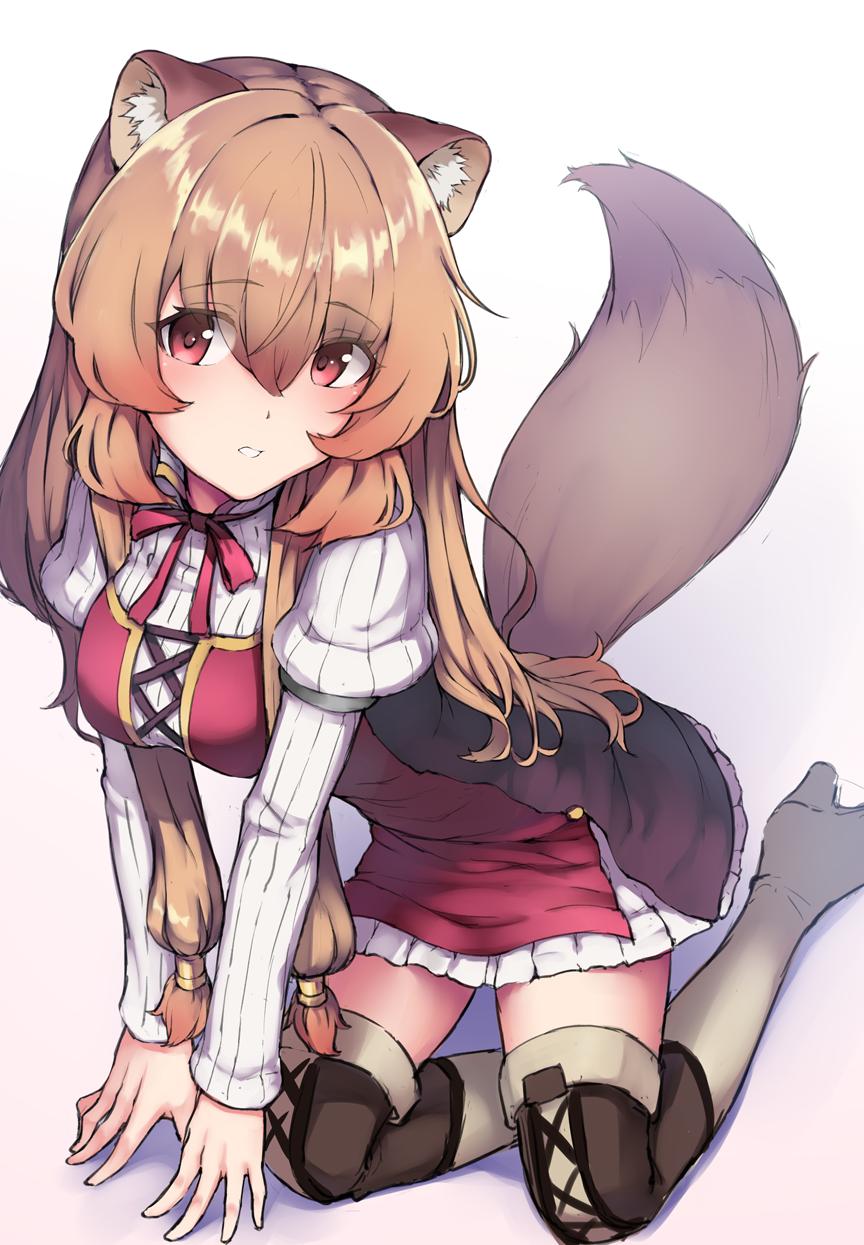 ryuudog, raphtalia, tate no yuusha no nariagari, commentary request, highres, 1girl, animal ear fluff, animal ears, black dress, boots, breasts, brown boots, brown hair, collared dress, dress, eyelashes, full body, hair between eyes, high collar, kneeling, large breasts, layered dress, long hair, long sleeves, looking at viewer, metal arm cuffs, metal hair tubes, neck ribbon, parted lips, pinstripe dress, pinstripe pattern, raccoon ears, raccoon girl, raccoon tail, red dress, red eyes, red ribbon, ribbon, short dress, simple background, sleeveless, sleeveless dress, solo, straight hair, tail, thigh boots, thighhighs, two-tone dress, white background, white dress, zettai ryouiki
