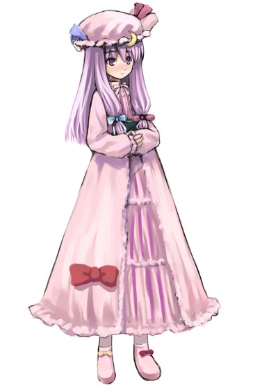 kagura mizuki, patchouli knowledge, touhou, 1girl, book, bow, crescent, dress, female focus, hat, holding, holding book, hugging book, hugging object, long hair, purple eyes, purple hair, simple background, solo, white background