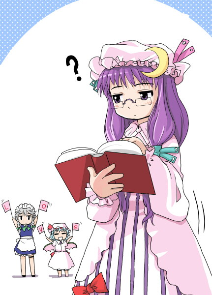 haniwa (leaf garden), izayoi sakuya, patchouli knowledge, remilia scarlet, touhou, silver hair, 3girls, ?, ^ ^, bat wings, bespectacled, blue hair, book, closed eyes, dress, female focus, flag, glasses, hat, maid, mob cap, multiple girls, purple hair, white background, wings