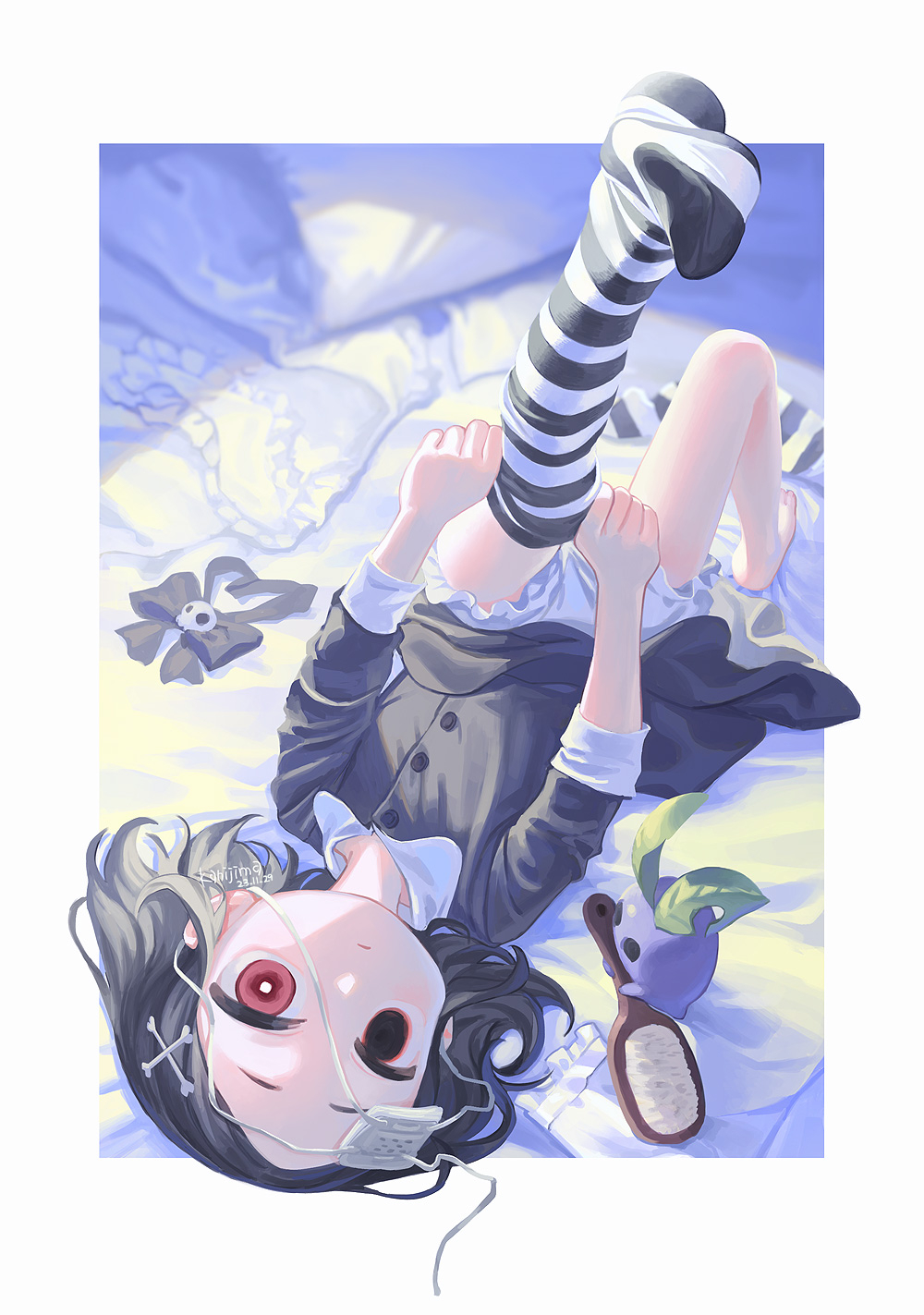 kanishima (mouse 06648), original, commentary request, highres, 1girl, black dress, black eyes, black hair, black thighhighs, bloomers, bone hair ornament, border, bright pupils, closed mouth, collared dress, creature, dress, expressionless, eyepatch, hair ornament, heterochromia, looking at viewer, lying, medical eyepatch, medium hair, no shoes, on back, putting on footwear, red eyes, single bare foot, solo, striped clothes, striped thighhighs, thighhighs, three-quarter sleeves, two-tone thighhighs, underwear, unworn bow, white bloomers, white border, white pupils, white thighhighs