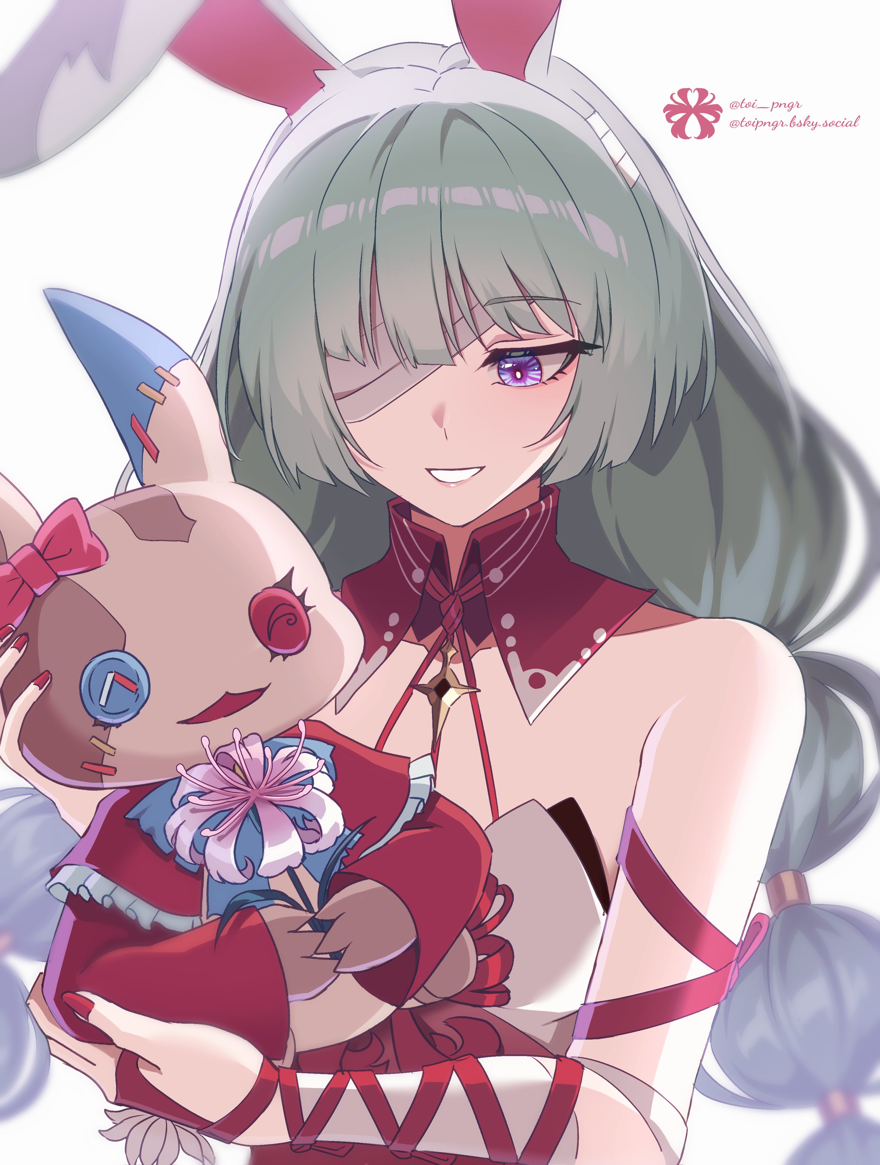 toi pngr, phrolova (wuthering waves), wuthering waves, absurdres, commentary, english commentary, highres, 1girl, animal ears, bandage over one eye, bandaged arm, bandages, bare shoulders, braid, breasts, collar, grey hair, halterneck, holding, holding stuffed toy, kemonomimi mode, long hair, low twin braids, medium breasts, nail polish, parted lips, purple eyes, rabbit ears, rabbit girl, red collar, red nails, red pupils, simple background, smile, solo, stuffed toy, tacet discord (wuthering waves), twin braids, twitter username, white background