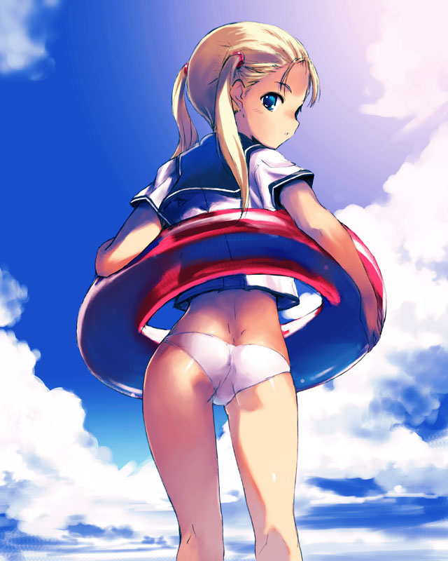 kawata hisashi, original, 1girl, ass, back, blonde hair, blue eyes, cloud, dimples of venus, from behind, innertube, looking back, no pants, panties, school uniform, serafuku, sky, solo, twintails, underwear, white panties