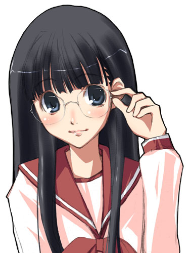 iqu, kusakabe yuuki (to heart 2), to heart (series), to heart 2, lowres, 00s, 1girl, adjusting eyewear, bespectacled, black hair, female focus, glasses, grey eyes, long hair, looking at viewer, solo